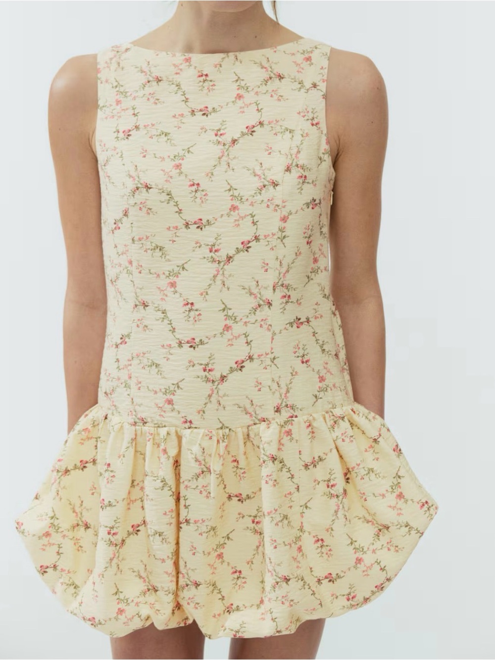 H&M Floral Bubble Hem Mini Dress - Boat Neck Balloon Skirt - Sz S EUC